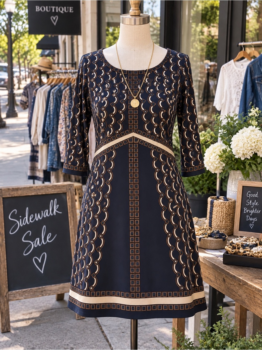 Max Studio Navy and Gold Geometric A-Line Dress
